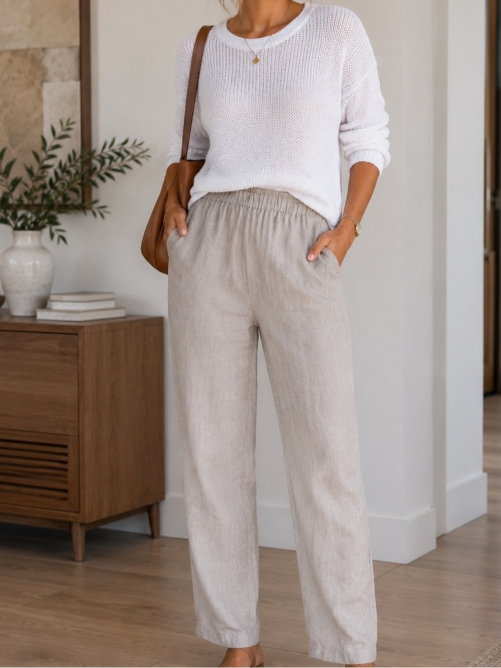 Flax Casual Elastic-Waist Linen Pants - Beige